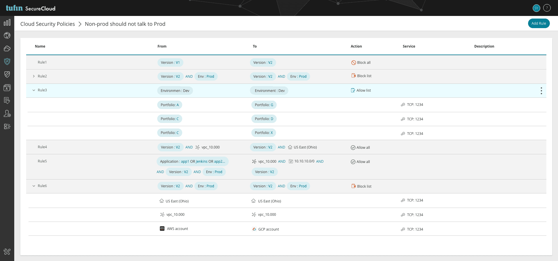 Single explicit rule next to the rebuilt tag-based rules list at scale